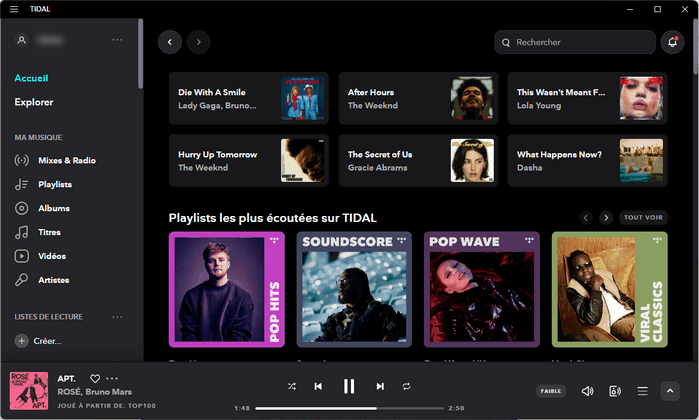 Interface utilisateur de Tidal