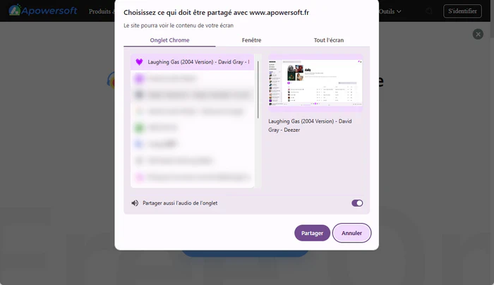 Sélectionner la source audio Deezer pour l'enregistrement